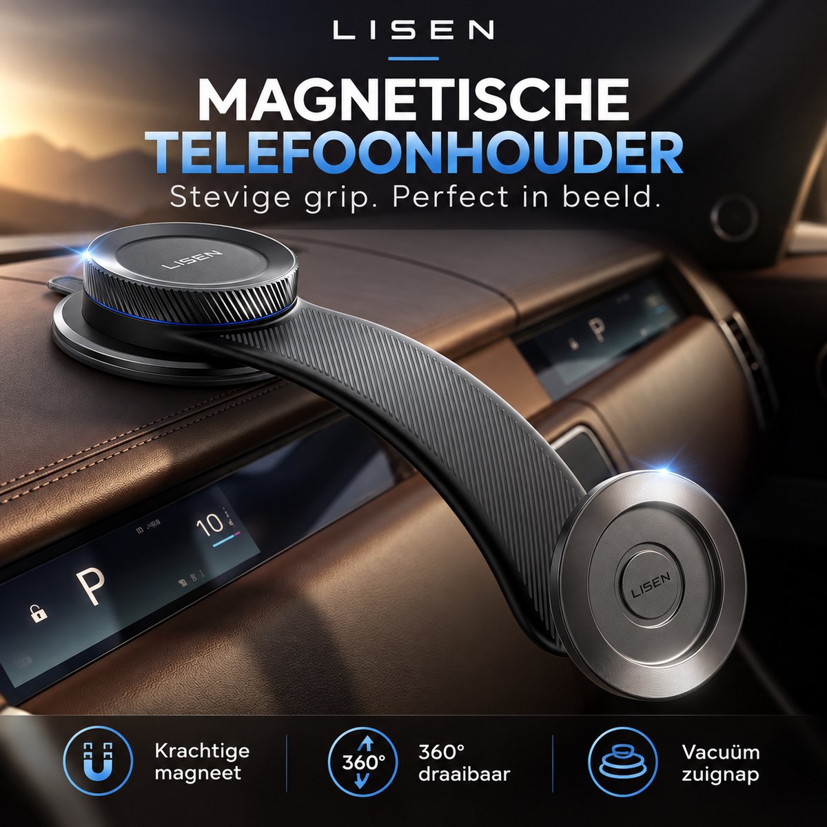 Premium LISEN Magnetische Telefoonhouder Auto – 360° Draaibaar – Sterke Vacuüm Zuignap – Dashboard & Voorruit – Voor iPhone/Samsung – Inclusief Metalen Ring Krachtige magnetische bevestiging