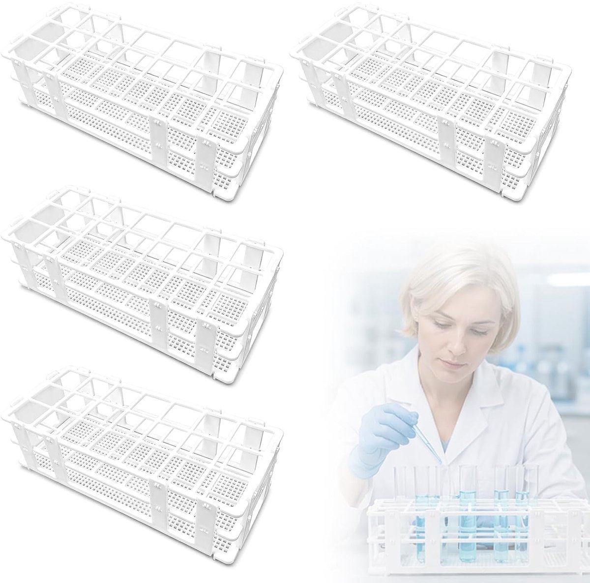 Testbuizenstandaard met 4 stuks en 21 gaten van 30 mm, plastic laboratoriumframe voor centrifugebuizen, 3-laags ontwerp, verwijderbare houder voor laboratoriumgebruik