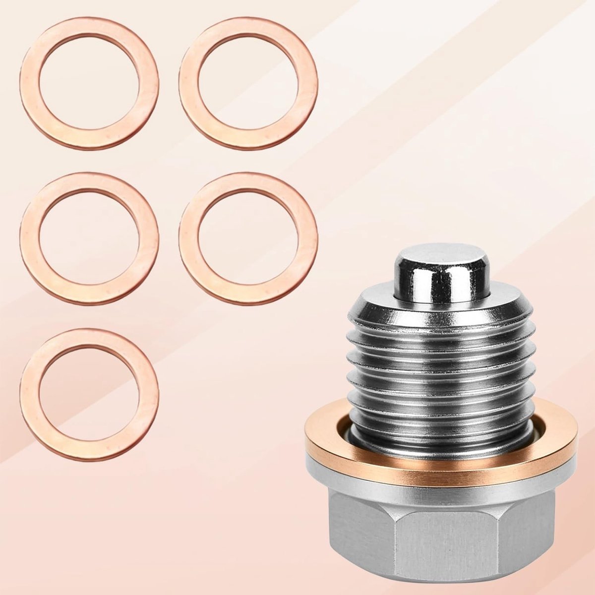 Magnetische Olieaflaatplug M16x1.5 van RVS met 5 Koperen Afdichtringen voor Auto's en Motorfietsen, Ideaal voor Onderhoud en Vervanging
