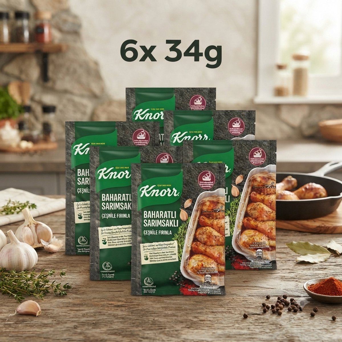Knorr Kruidenmix voor Ovenkip met Knoflook en Kruiden 6x 34g – Voordeelpak – Inclusief Bakzak