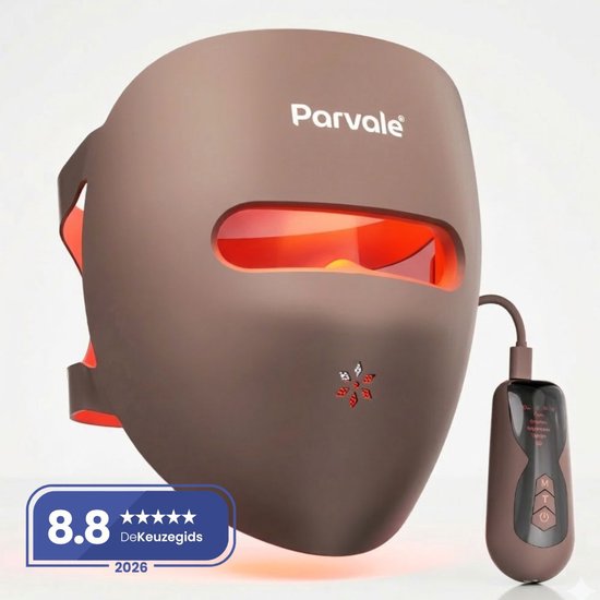Bruin Parvale LED-masker met rode lichttherapie, inclusief afstandsbediening.