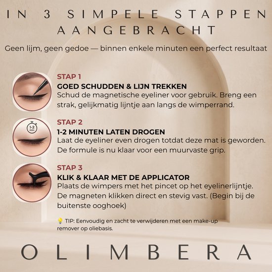 Instructies voor het aanbrengen van magnetische eyeliner en wimpers in 3 stappen.