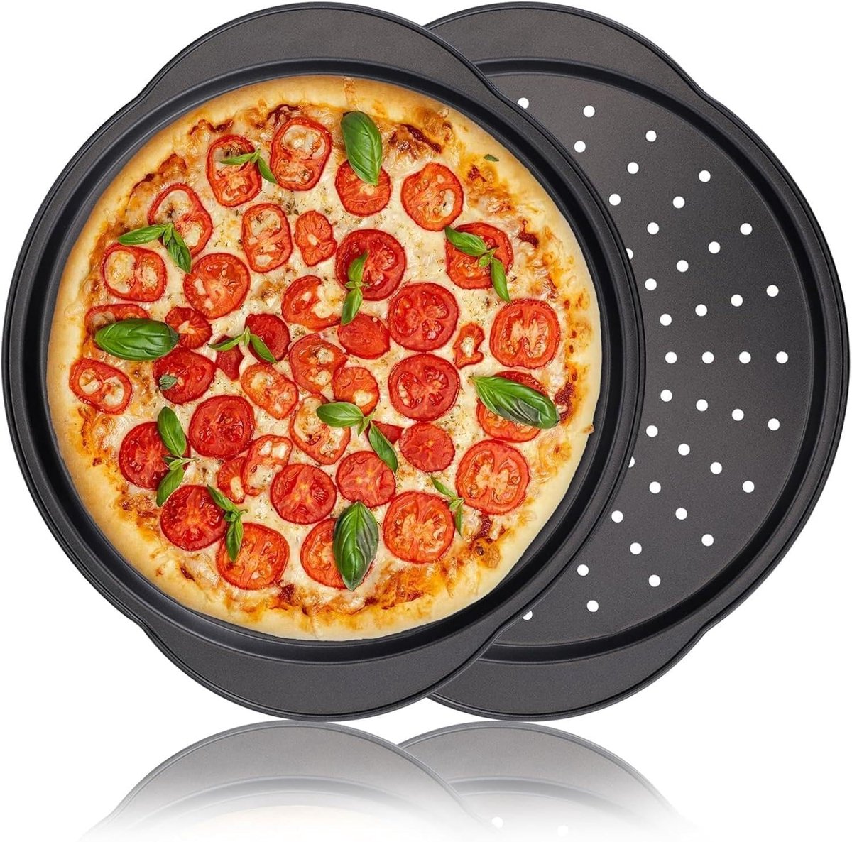 Pizzabakplaten Set Van 2 - Ø 33 cm - Koolstofstaal Met Antiaanbaklaag - Met Gaatjes & Handgrepen