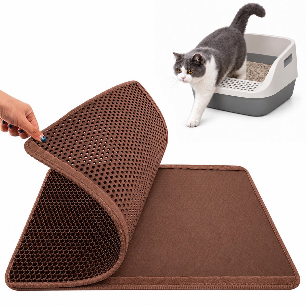 Kattenbakmat – Waterdicht – Dubbele Laag met Honingraatstructuur & Afneembare Klittenbandsluiting – Schoonloopmat voor Alle Kattenbakken & Strooiselsoorten – Wasbaar – Voor Katteneigenaren – Bruin– 45 × 60 cm – 1 Stuk