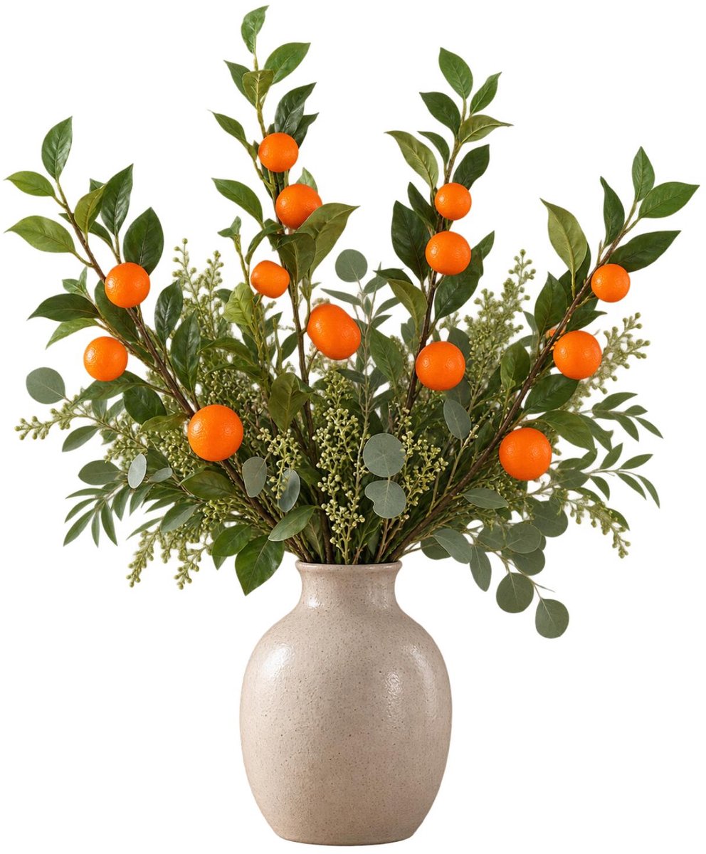 Mica Decorations Kunstplant takken Oranges - 4x - H104 cm - groen/oranje - kunststof - lange siertakken - fruit - sinaasappels