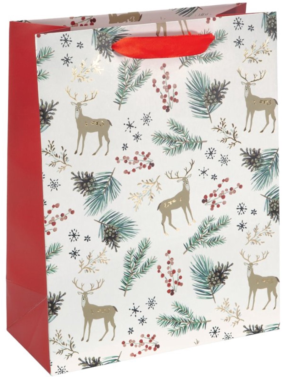 sigel cadeauzakje Kerstmotieven aquarel, wit/goud/rood, 26×12×33 cm