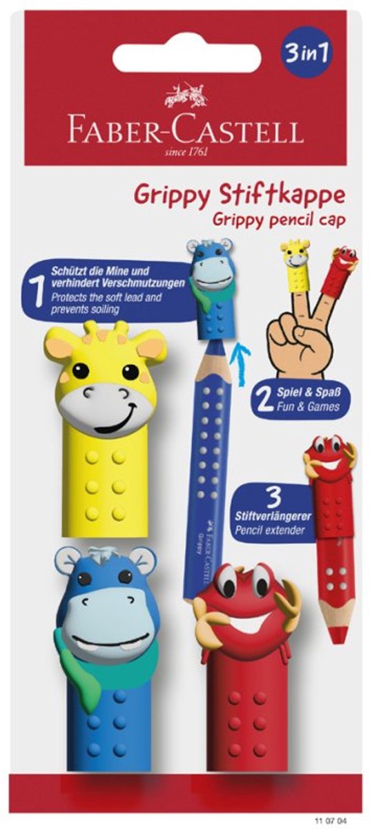 FABER-CASTELL potloodkapjes Grippy Friends, kunststof, set van 3, diverse dierenmotieven