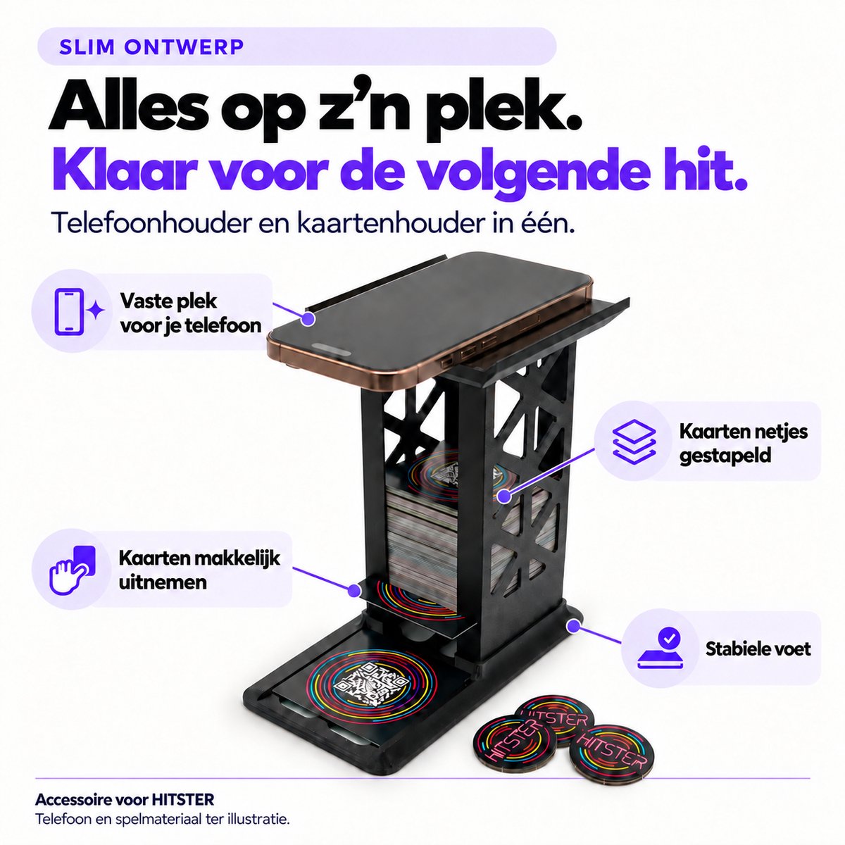 Accessoire Bundel Geschikt voor Hitster - Kaarthouder met Telefoonstandaard + 2 Speelborden met Muntenhouders - Voor Automatische QR-Scan - Flying Mic - Battle Of The Generations - Original - Guilty Pleasures - En Meer — cadeau in Cadeau-ideeën - foto 5