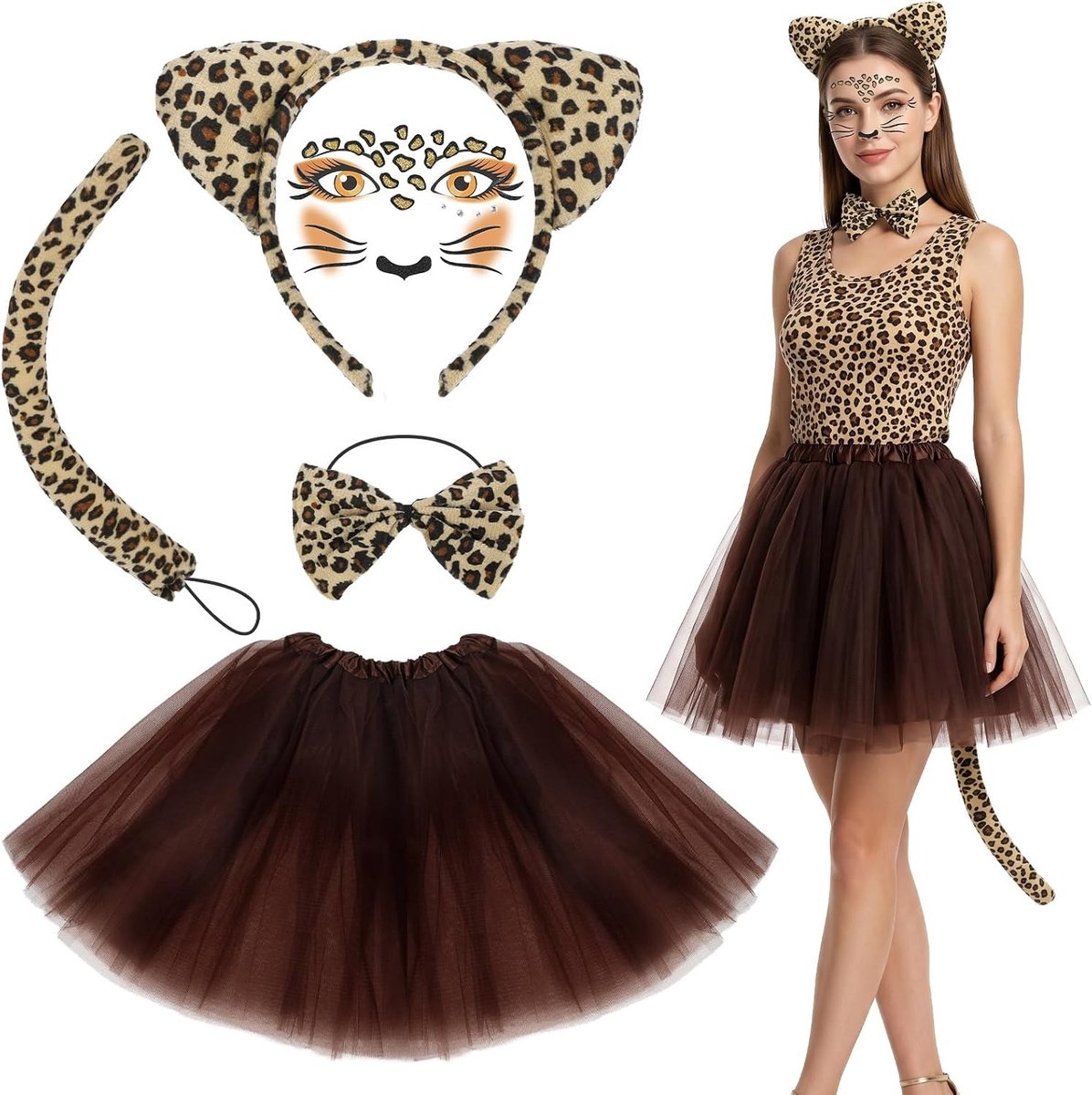 Vijfdelig leopard kostuum voor vrouwen, dierenkostuum set voor feest en carnaval