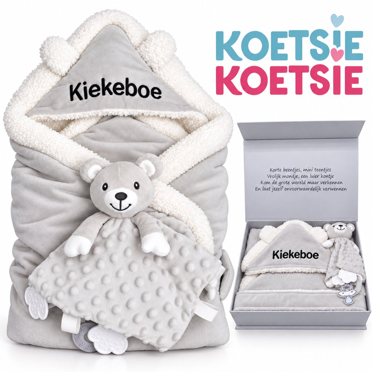 Kraamcadeau, kraamcadeau unisex - luxe kraamcadeau -gender reveal - baby omslagdoek / badydeken met knuffel met bijtring - babycape, babydeken - kan ook rechtstreeks worden verstuurd als cadeau – foto 7