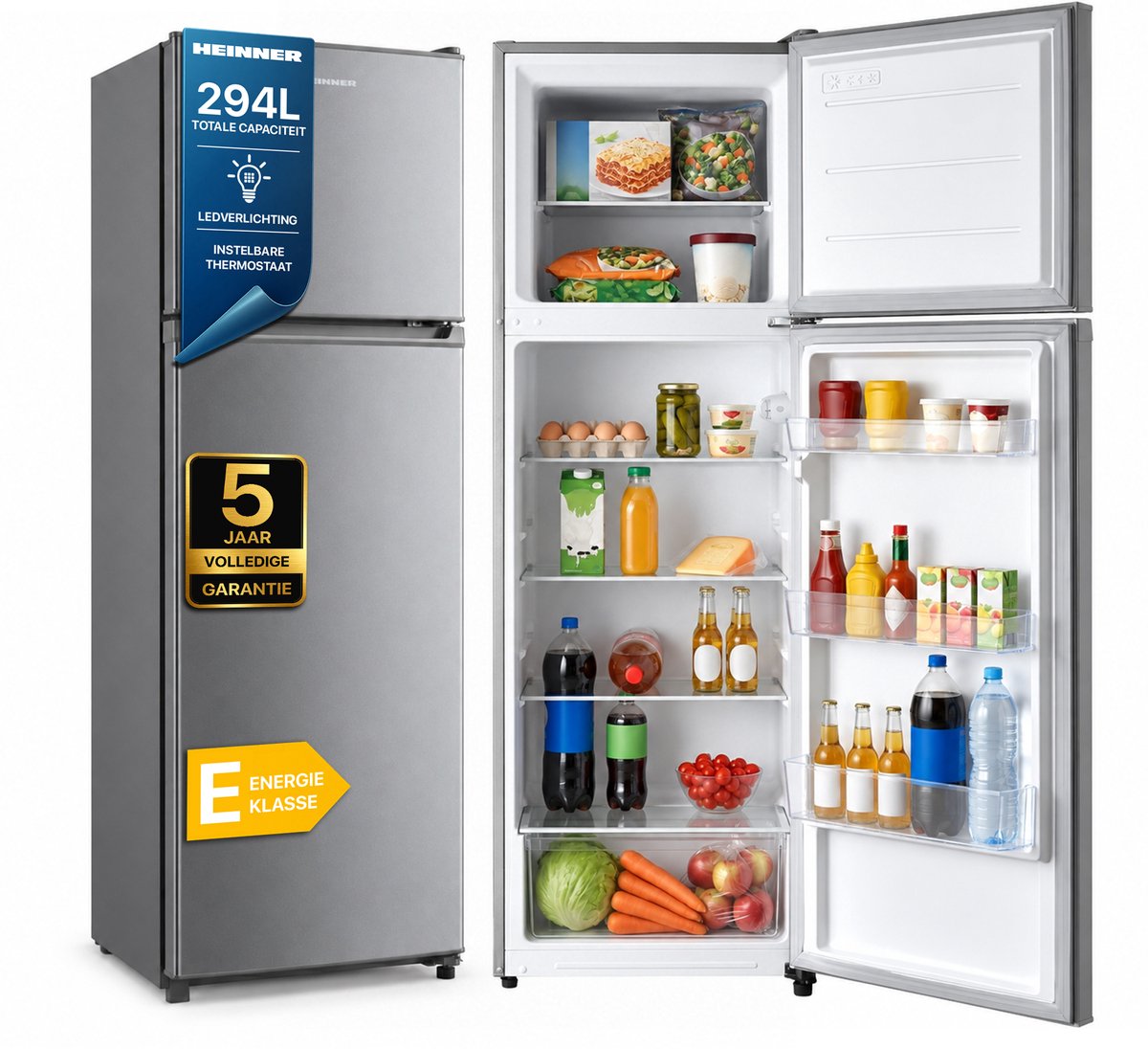 Heinner HF-M294SE++ Koel-vriescombinatie – 294 L – LED-verlichting – Omkeerbare Deur – Instelbare Mechanische Thermostaat – Zilver – 5 Jaar Garantie