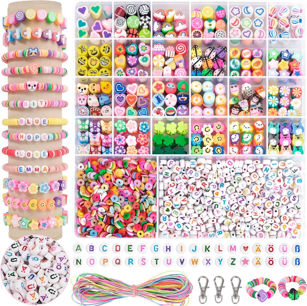 Kralenset voor kinderen - Armbandjes zelf maken - Polymeerklei sieraden knutselen - Letterkralen combineren - Opbergdoos met vakken - Inclusief rubberdraad sluitingen - Meerkleurig - 1800 onderdelen