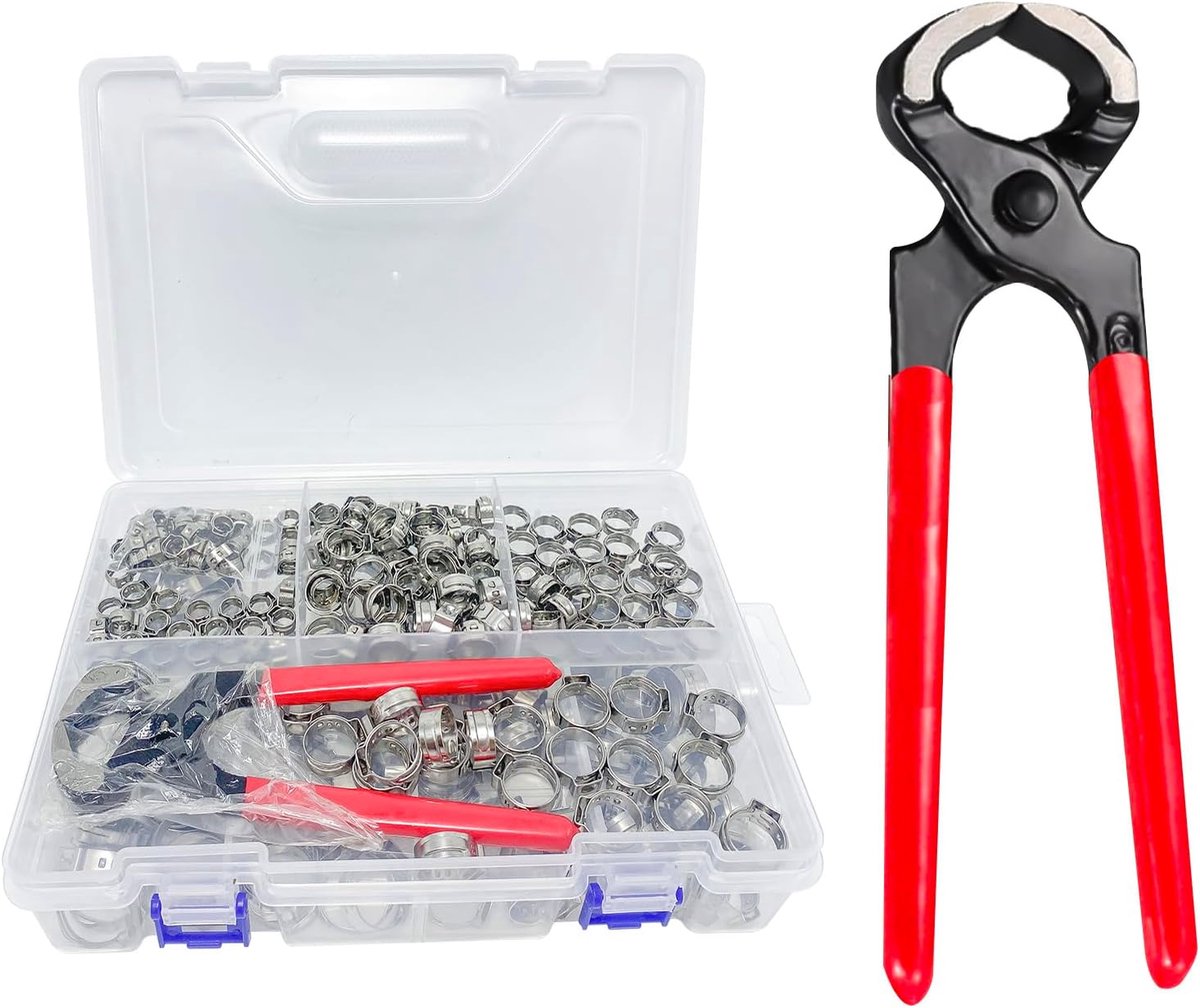 250pcs Stainless Steel One Ear Hose Clamps with Hose Clamp Pliers, 14 Sizes (5.3-33.1 mm), Hose Clamp for Hose - ShopVlot