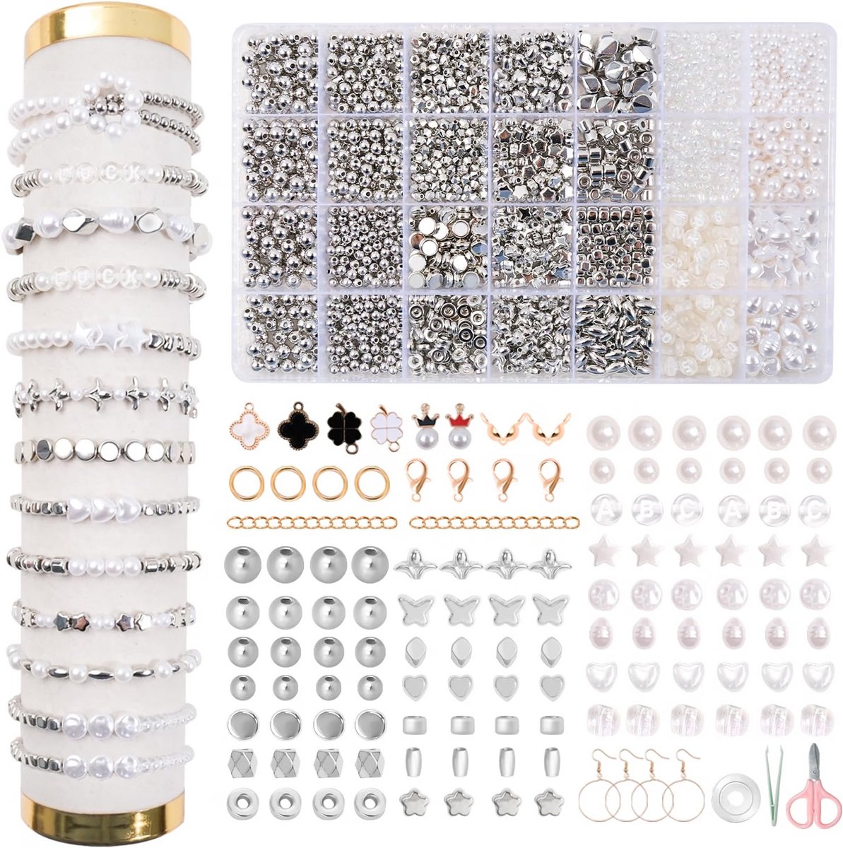 Kralenset voor armbanden - Witte parels rijgen - Sieraden zelf maken - Letterkralen met bedels - Zilverkleurige accessoires - Inclusief gereedschap - Cadeaus bij feestdagen - Wit zilver - 450 stuks