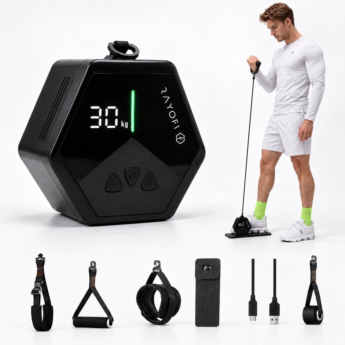 RAYOFI Slim Krachtstation – Draagbare Kabeltrainer 3–30 kg – Verbeterde Versie met Ventilatorkoeling – Elektrisch Fitnessapparaat – Home Gym & Kantoor – Krachttraining – Volledige Lichaamstraining – Rug & Borst – met App