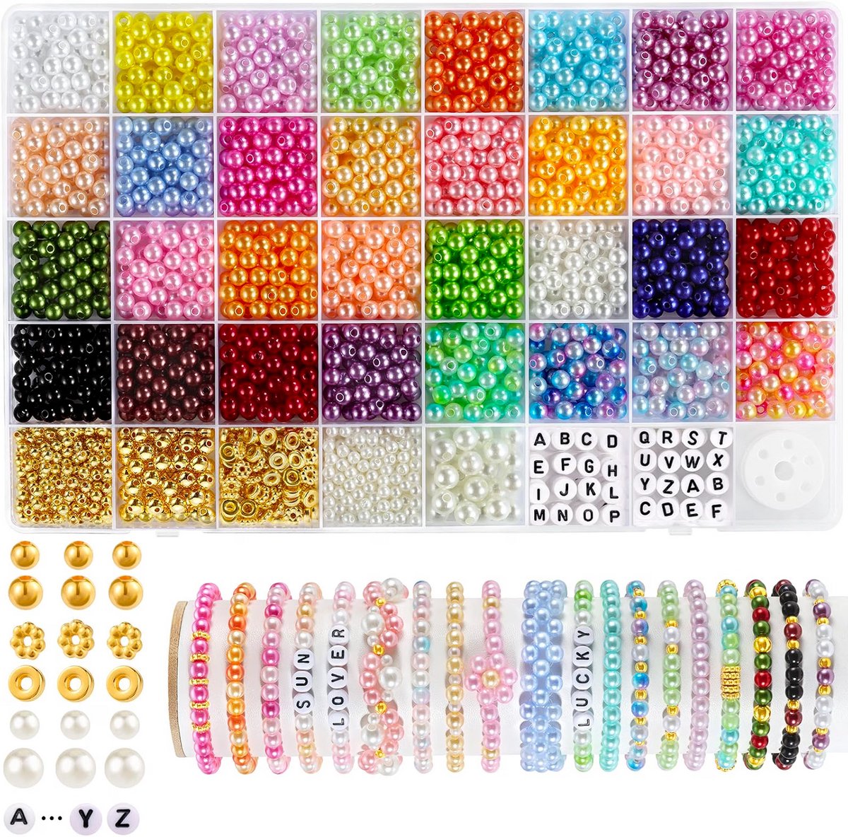 Kralenset Sieraden Maken - Parelkralen Letterkralen Set - Diy Armbanden Halskettingen - Gouden Spacer Kralen - 2085 Delen Compleet Pakket - Elastische Draad Inbegrepen - Multicolor - 6mm