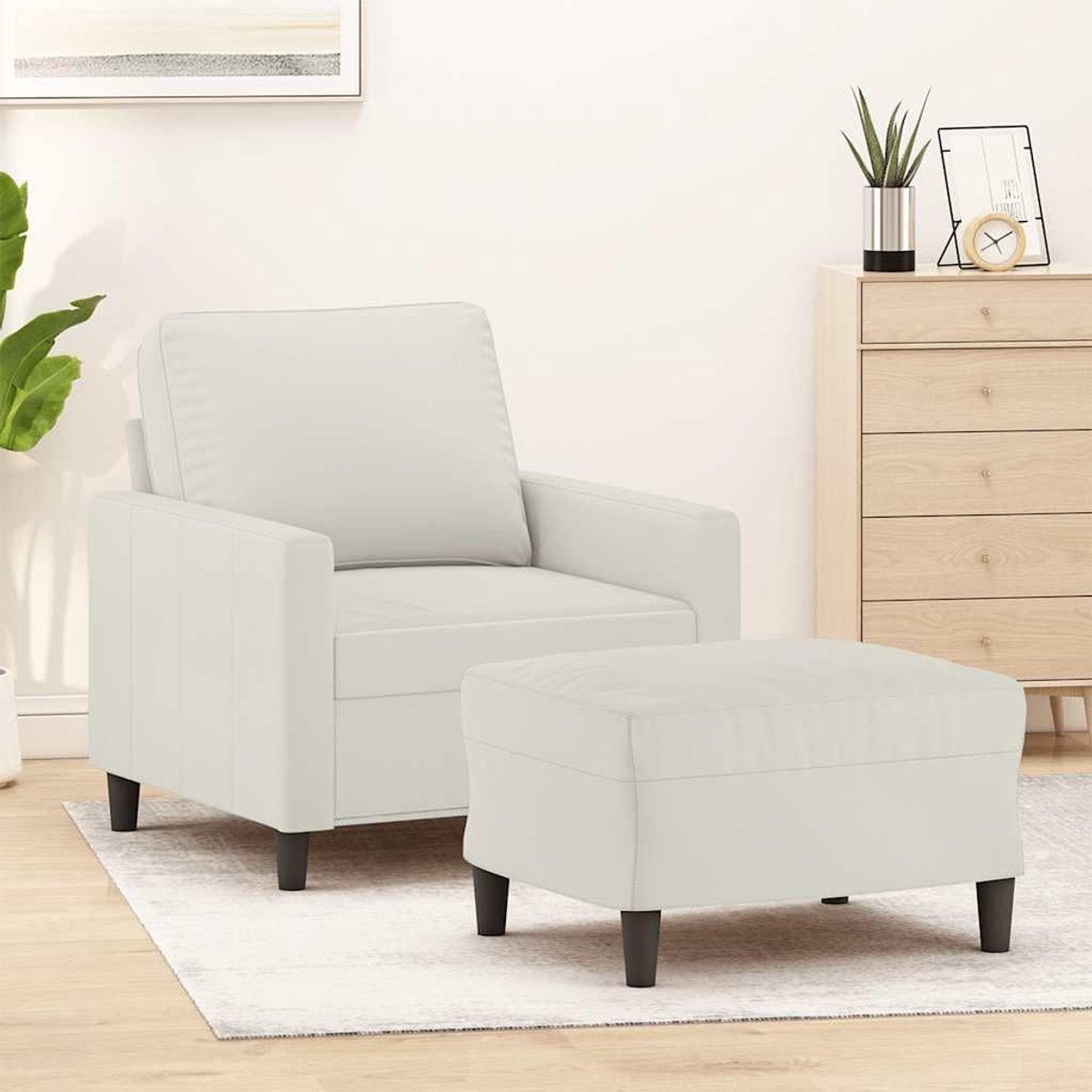 Fauteuil met kruk crème 60 cm fluwelen gestoffeerde stoel relaxstoel met dik gevoerde zitting robuust frame van multiplex metaal veelzijdige voetenbank voor woonkamer