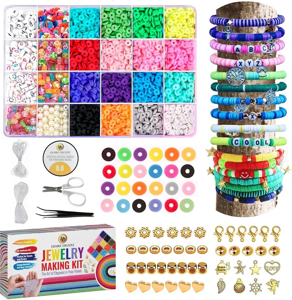 Kralenset voor armbanden - Sieraden maken kinderen - Vriendschapsbandjes knutselen - Letterkralen en bedels - Inclusief koord sluitingen - Gereedschap en handleiding - Meerkleurig - 6084 stuks