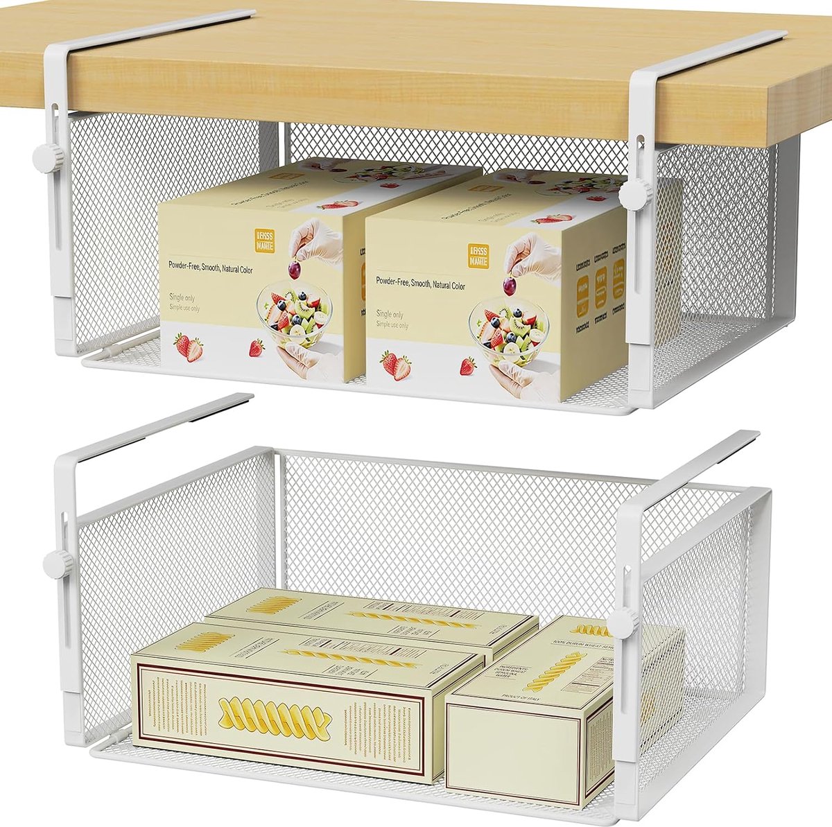2 stuks hangmand, opbergmand, metalen mand onder het plank, organizer, mand, hangende planken voor keuken, kantoor, badkamer, kast of eetkamer (wit)