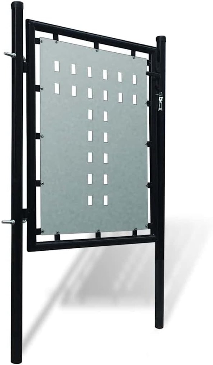 Hekpoort 100x75 cm, gepoedercoat, zwarte enkele poort met decoratief gatenpatroon, inclusief twee palen, scharnieren en slot met drie sleutels voor tuin