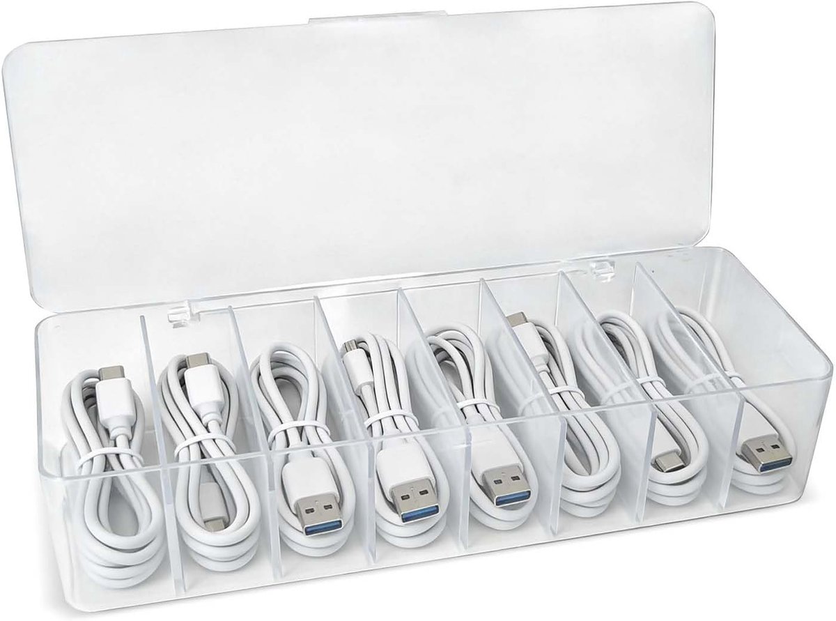 Kabelorganizer, transparante kabelorganisatiebox met 8 vakken, kabelbox en oplader met deksel, ter bescherming en - ShopVlot