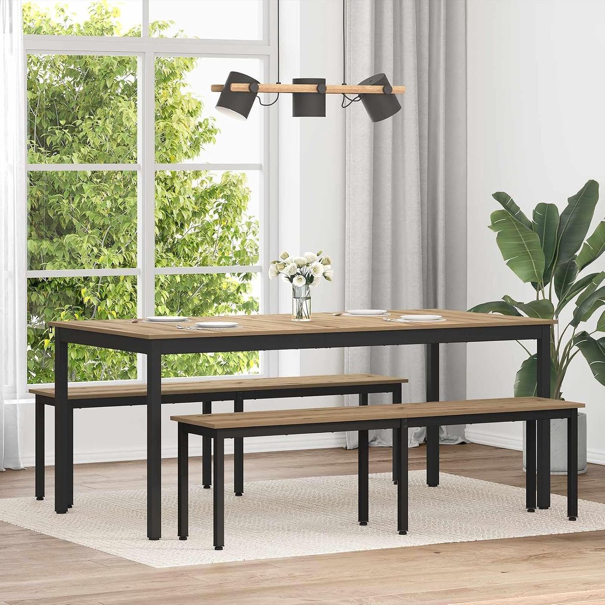 Eettafel met Houtnerf en Zwarte Metalen Poten, Moderne Vierkante Keukentafel voor Eetkamer, Thuiskantoor, Vergaderruimte (180x90x75 cm)