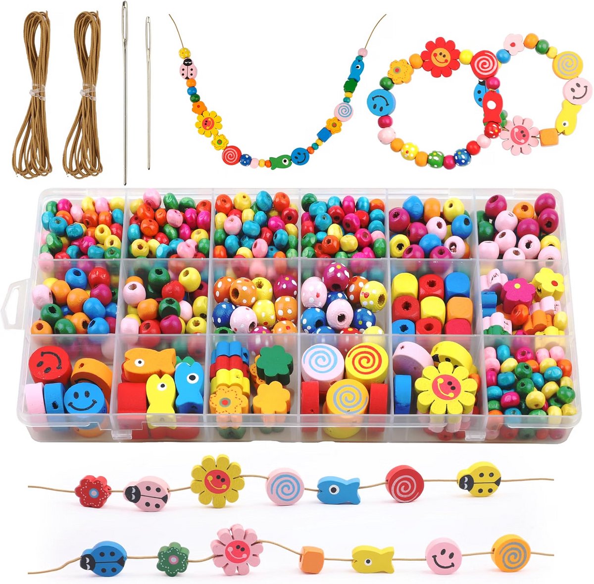 Houten kralen - Kralenset kinderen - Armbanden zelf maken - Sieraden knutselen - Dieren en bloemen - Inclusief rijgkoorden - Met twee naalden - Vanaf 4 jaar - Multicolor - 504 stuks