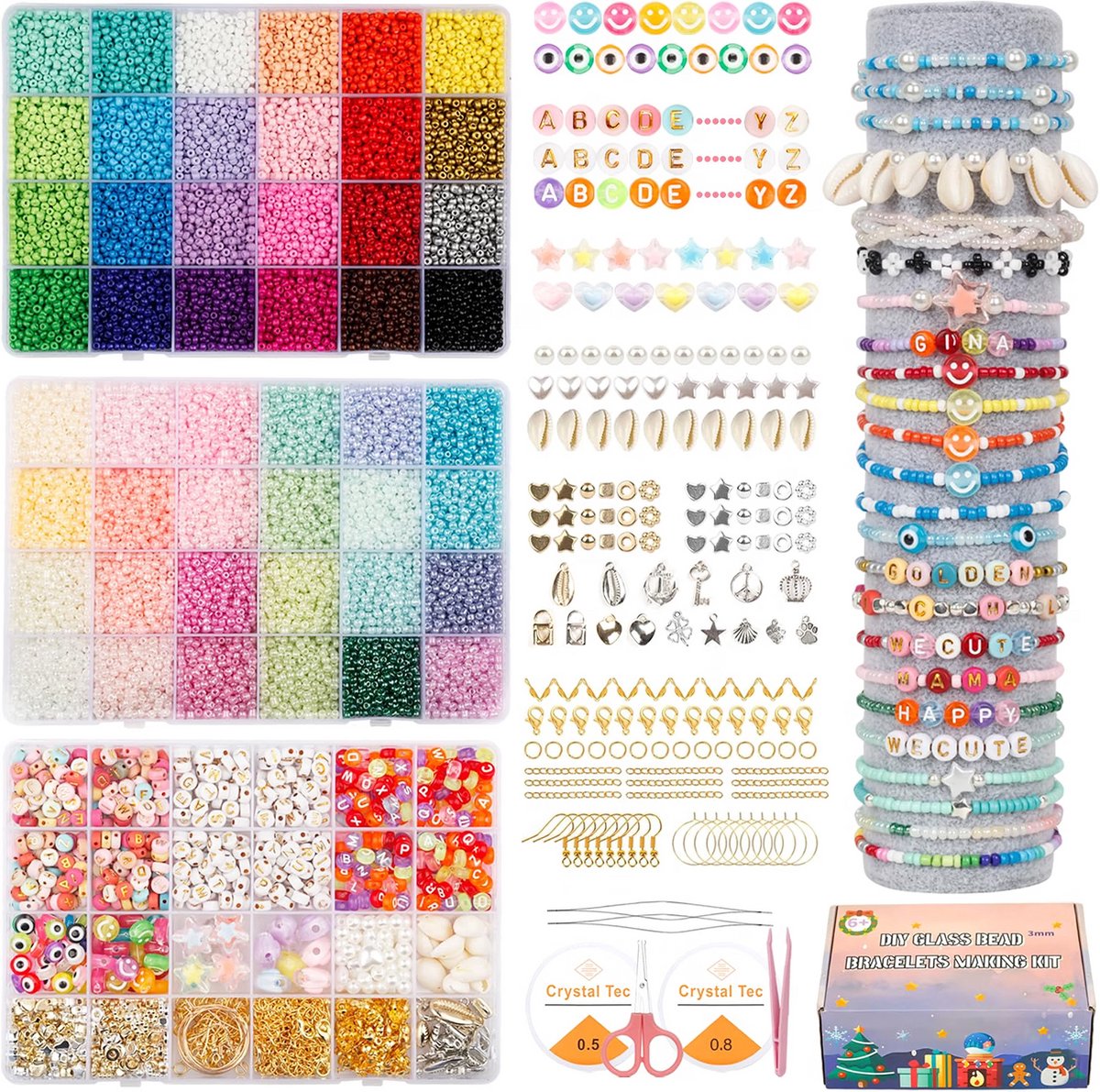 Kralenset voor armbanden - Glaskralen sieraden maken - Letterkralen vriendschapsbandjes - Creatief knutselen kinderen - Metalen bedels inbegrepen - Sorteerdozen bieden overzicht - Meerkleurig - 25.228 stuks 3 mm