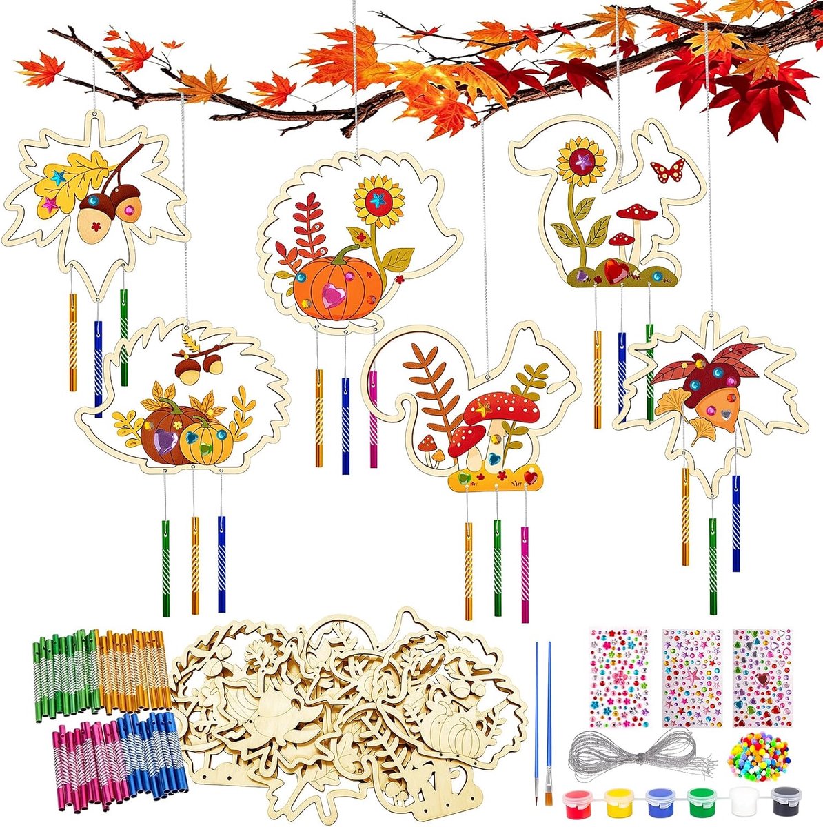 Klokkenset voor kinderen, knutselen, 12-delig, herfstknutselset, esdoornblad, egels, hout, om te schilderen - ShopVlot