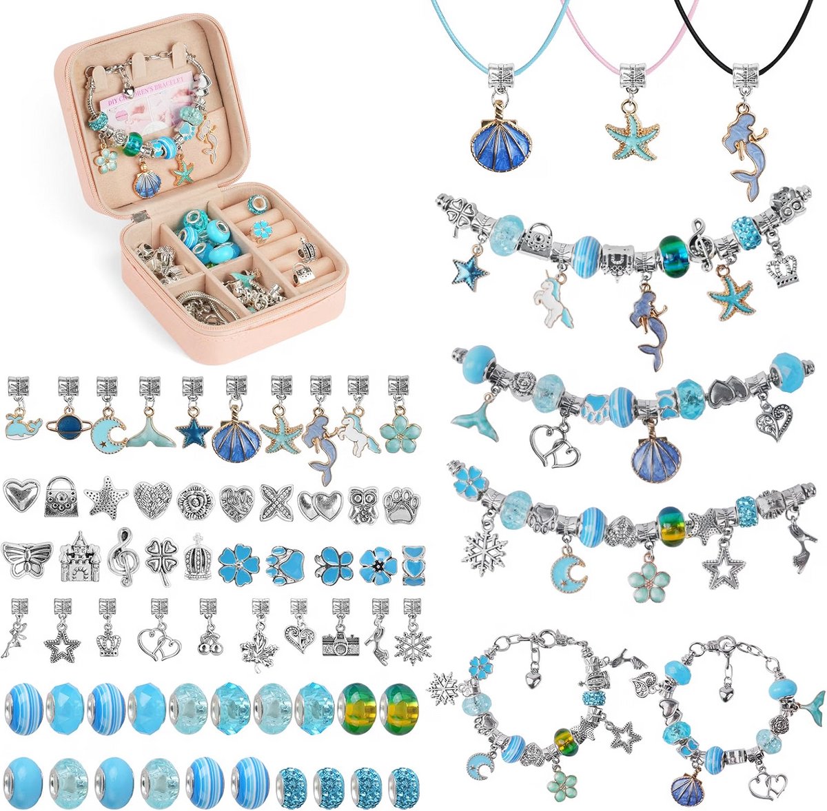 Knutselset voor meisjes - Armbandjes zelf maken - Bedelarmband sieraden ontwerpen - Kettingen creatief knutselen - Verzilverd metalen kralen - Inclusief hangers bedels - Blauw - Vanaf 4 jaar
