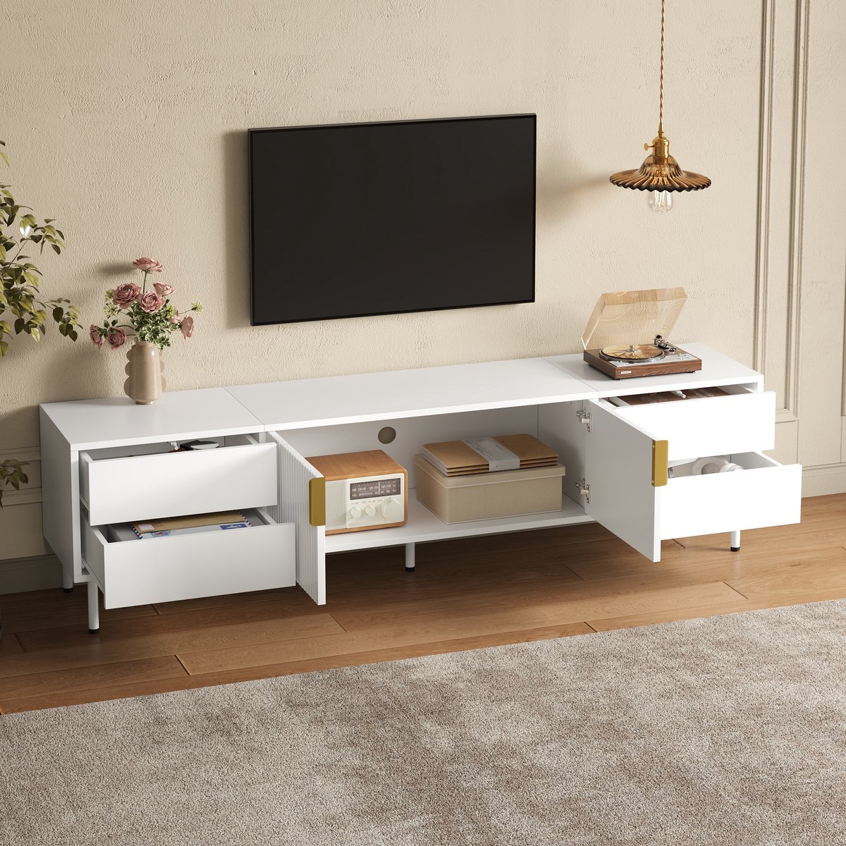 MIVRAY Tv Meubel - Vier Greeploze Lades En Kabeldoorvoer - Moderne Woonkamer - MDF En Spaanplaat - 180x40x49,5 Cm - Wit