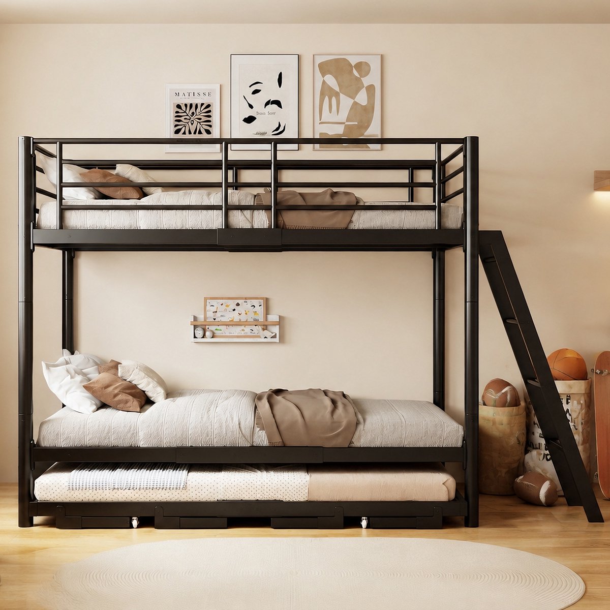OKWISH Metalen Stapelbed 90 x 200 cm - Uitschuifbed Voor Extra Slaapruimte - Ruimtebesparend Kinderbed - Zonder Matras - Zwart