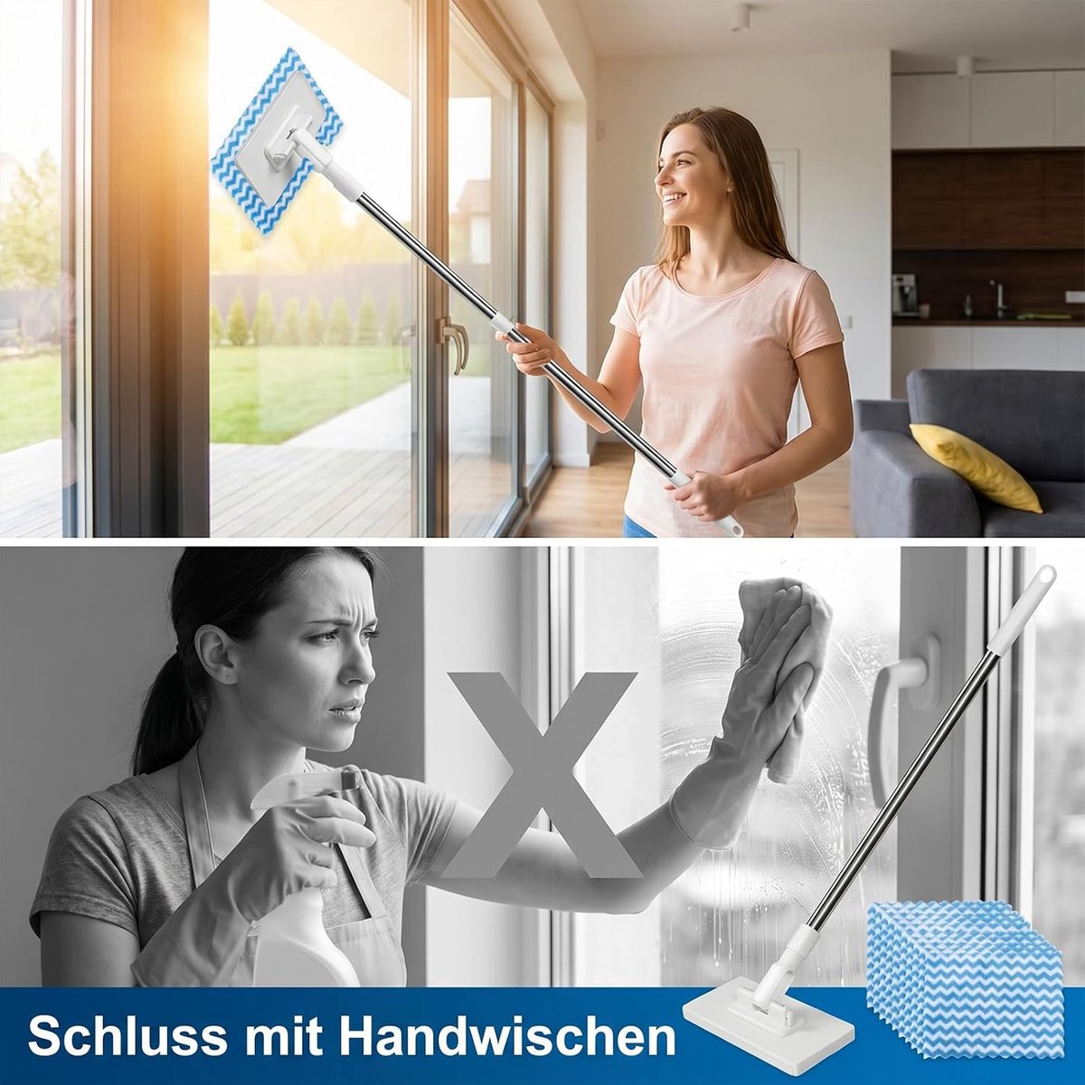 Dweilmop met drukklemsysteem, automatische klemdoek, zonder handen wassen, wisselen met 1 knop, incl. 10 herbruikbare - ShopVlot
