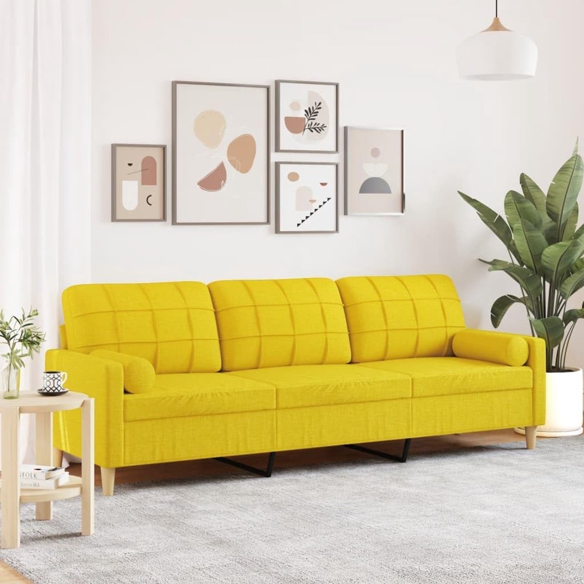 3-zitsbank, 210 cm, stof, lichtgeel met sierkussen, comfortabel gestoffeerde meubels voor woonkamer, robuust metalen frame, ademend polyesterweefsel, dikke bekleding