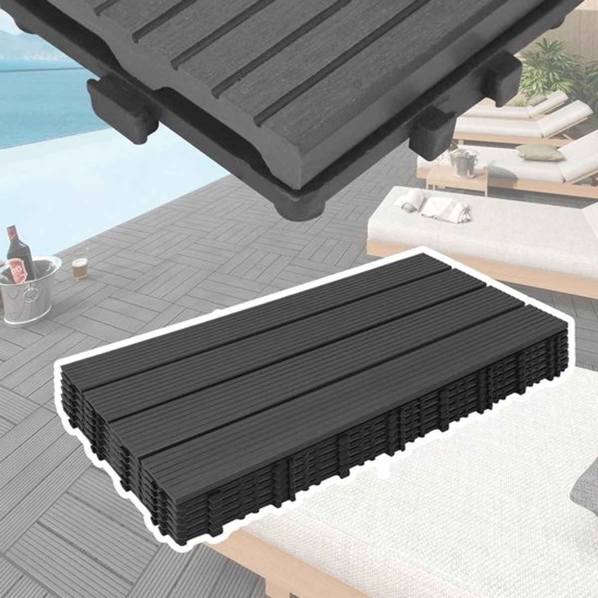 WPC-balkonvloerbedekking - Houtlookterrastegels - Voor tuin en balkon - Eenvoudig kliksysteem - 30x60 cm - Antraciet
