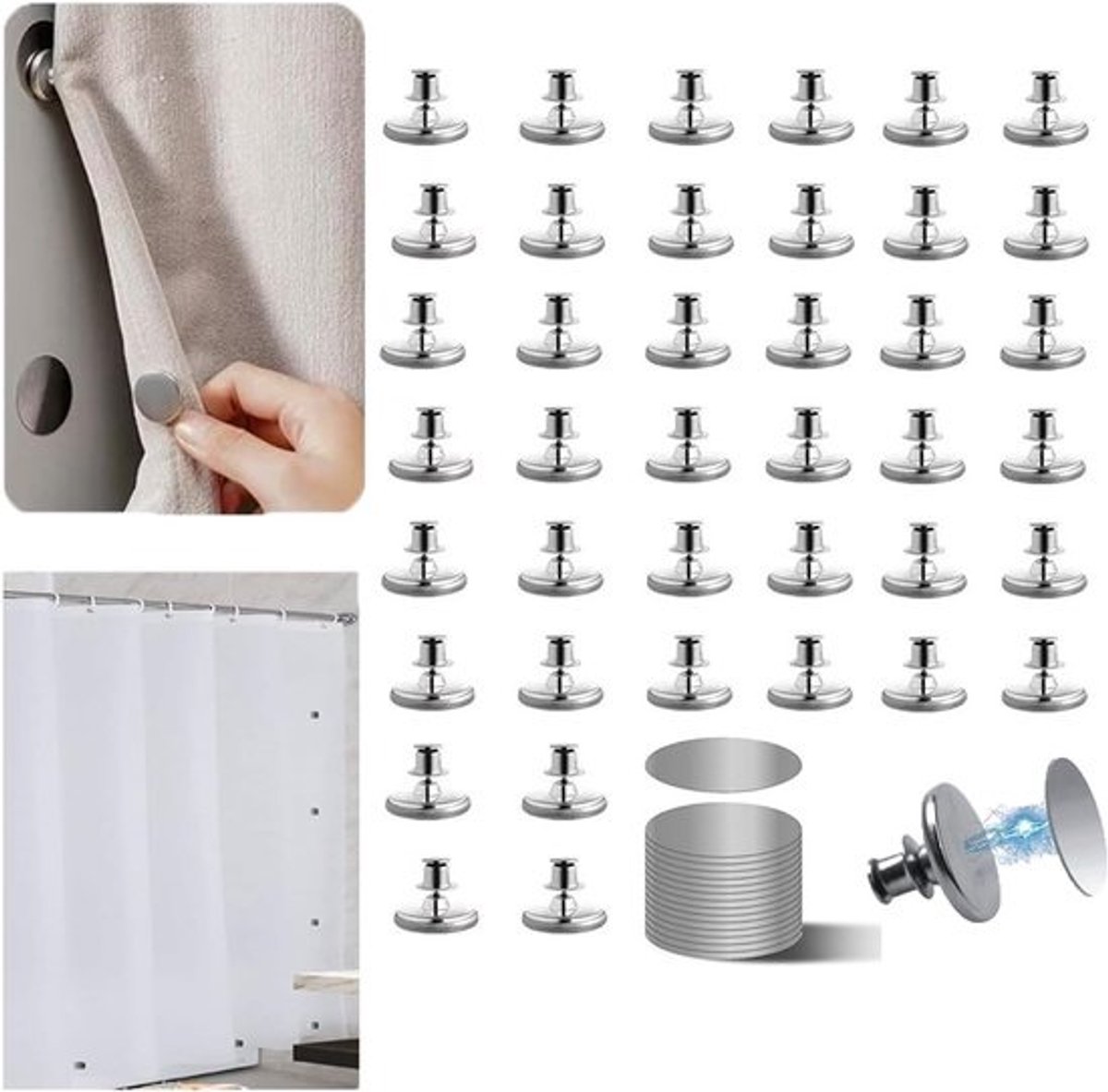 Magnetische gordijnclips - Gordijnmagneten - Sluiting - Lichtdicht houden - Zelfklevende bevestiging - 20 paar - Zilver