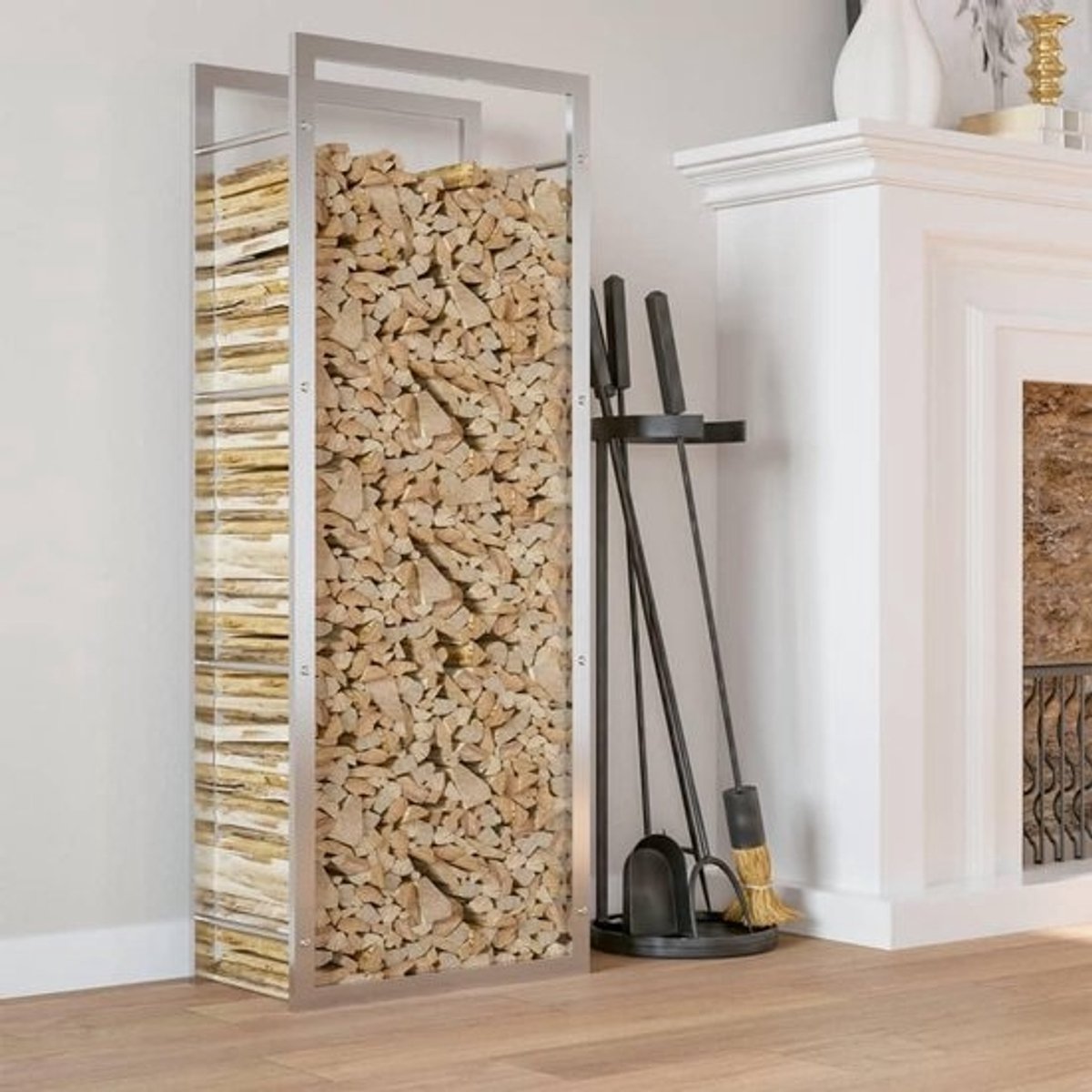 Stalen brandhoutrek - Houtopslaghouder - Accessoire voor buitenhaard - Grote capaciteit - 50 x 28 x 132 cm - Zilver