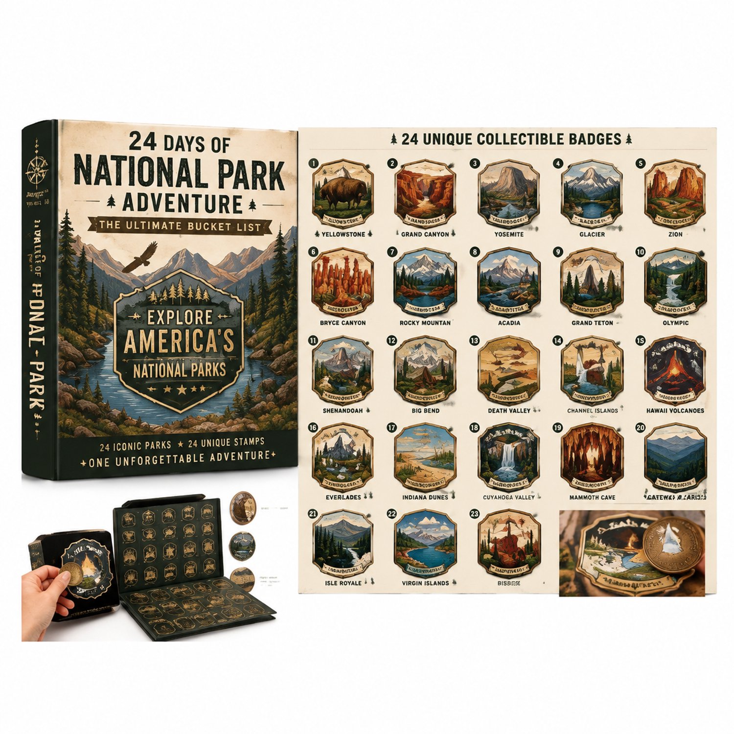 Adventskalender met nationaleparken-thema, 24 verzamelbadges, 26 x 18 x 3 cm
