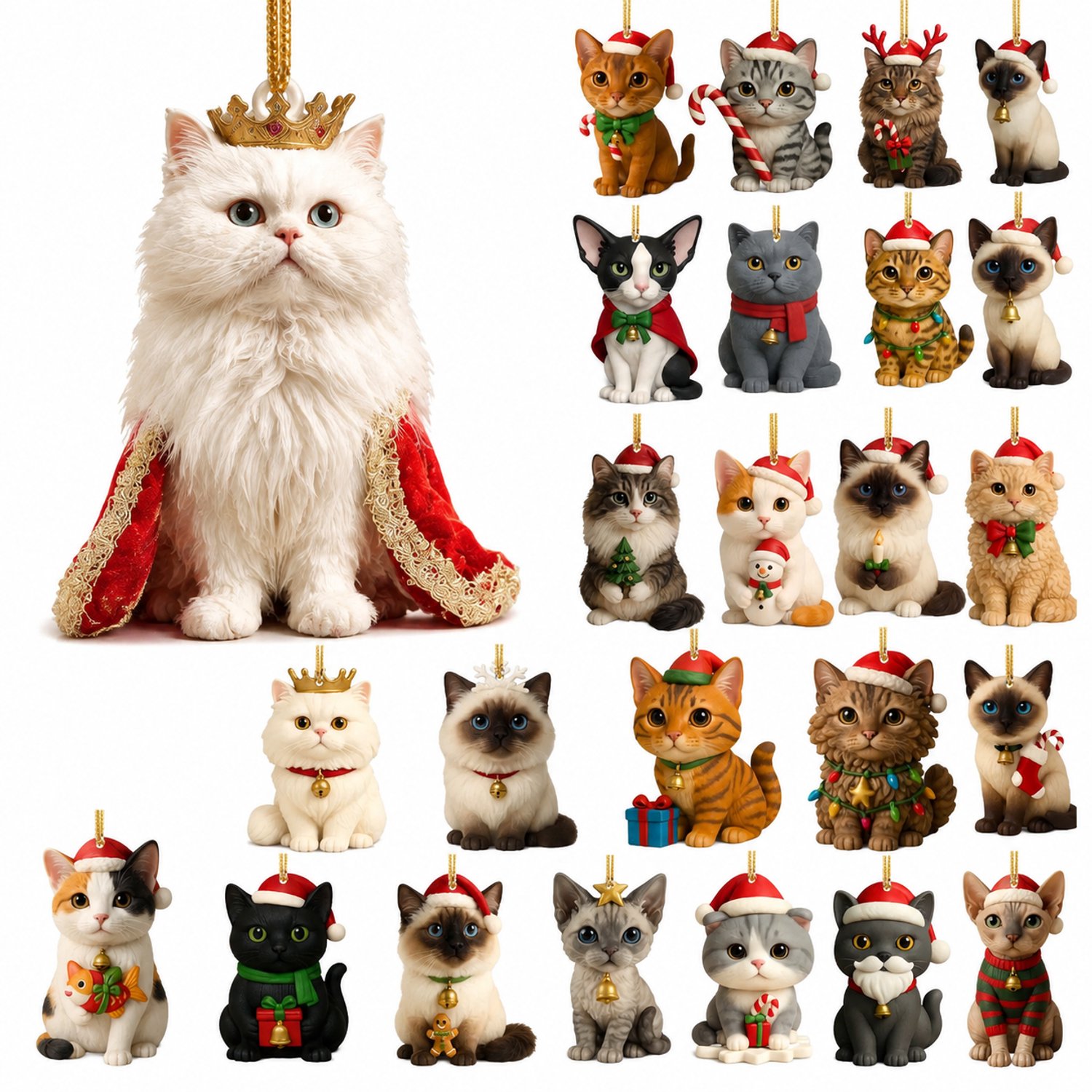 Kattenadventskalender met 24 genummerde vakjes en platte kattenhangertjes in een papieren doos