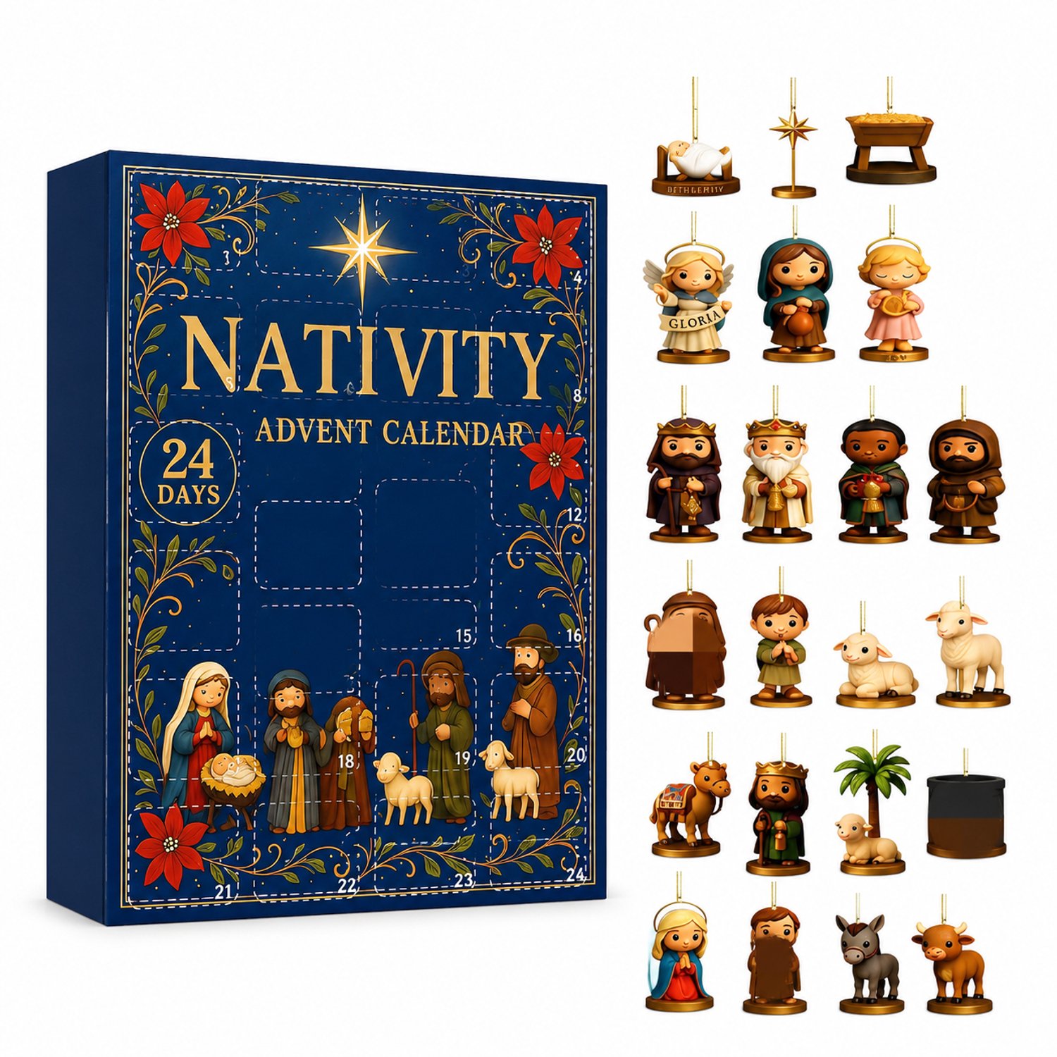 Adventskalender met kerststalthema - 24 vakjes - Platte hangdecoraties - In papieren doos
