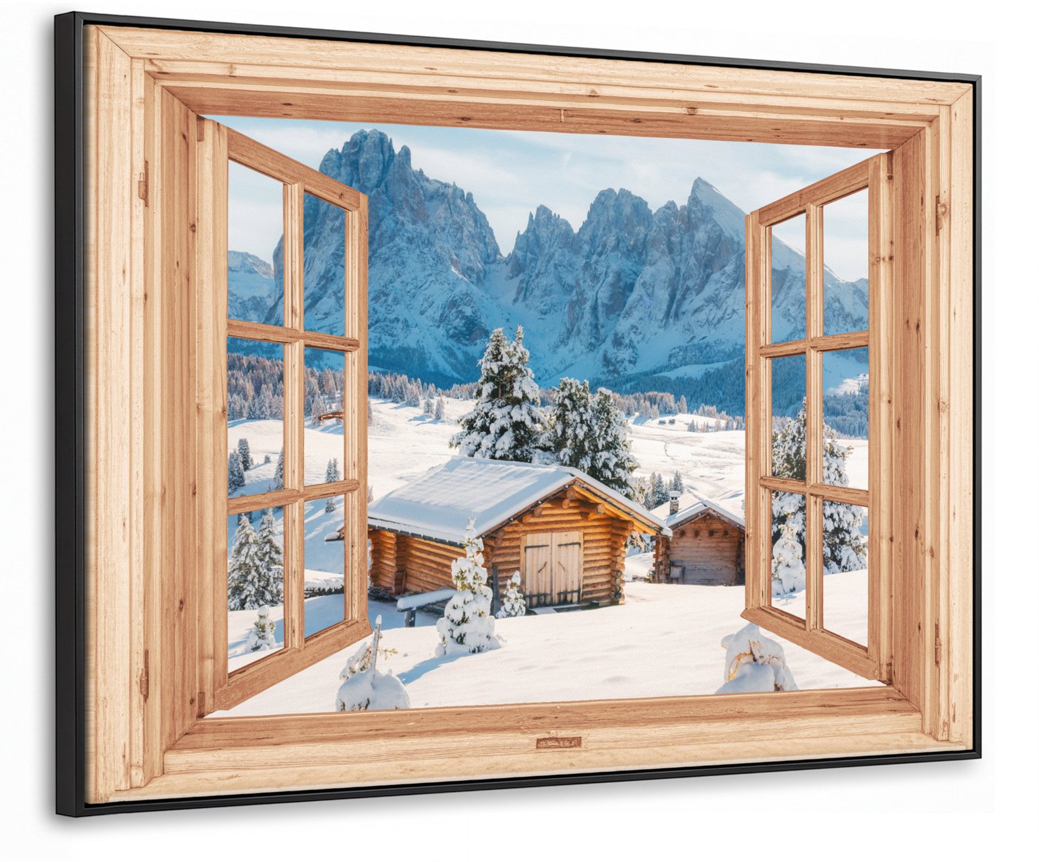 Canvas Schilderij met Baklijst 100x70cm - Doorkijk - Winterlandschap - Huisje - Bergen - Uitzicht - Muurdecoratie woonkamer - Slaapkamer decoratie - Kamer accessoires - Schilderijen op canvas met lijst