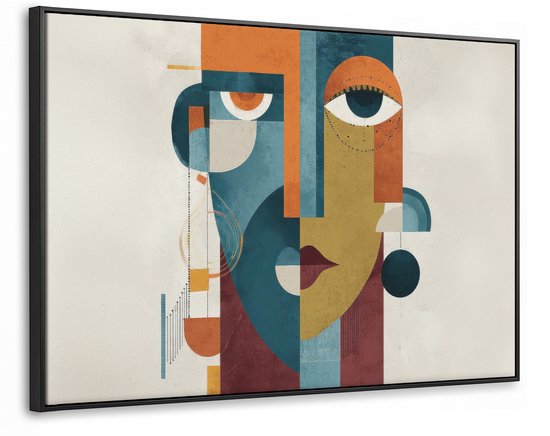 Abstract geometrisch portret in zwarte baklijst, perspectief van opzij.