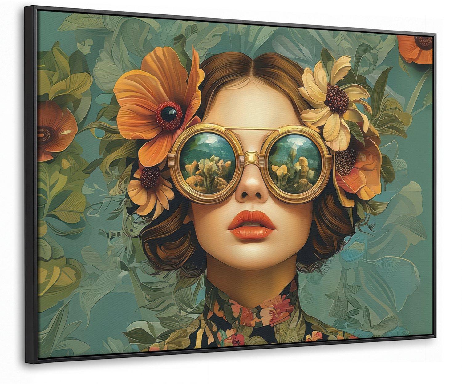 Canvas Schilderij met Baklijst 100x70cm - Vrouw - Bloemen - Vlinders - Natuur - Vintage - Muurdecoratie woonkamer - Slaapkamer decoratie - Kamer accessoires - Schilderijen op canvas met lijst