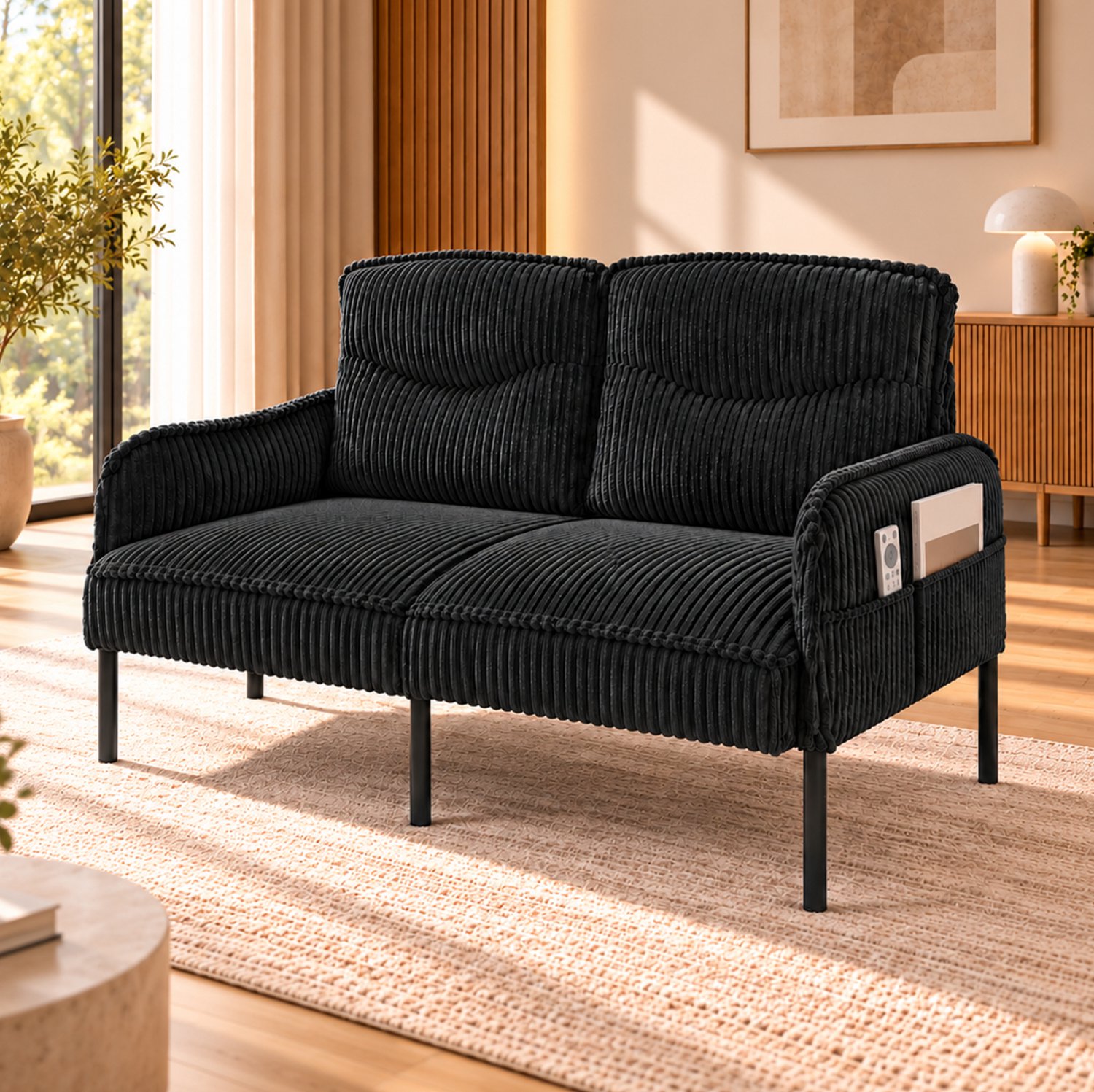 DESMIU Zitbank 2-Zits 122 x 73 x 83 cm - Hoge Rugleuning En Zijvakken - Voor Woonkamer En Slaapkamer - Ribfluweel - Zwart