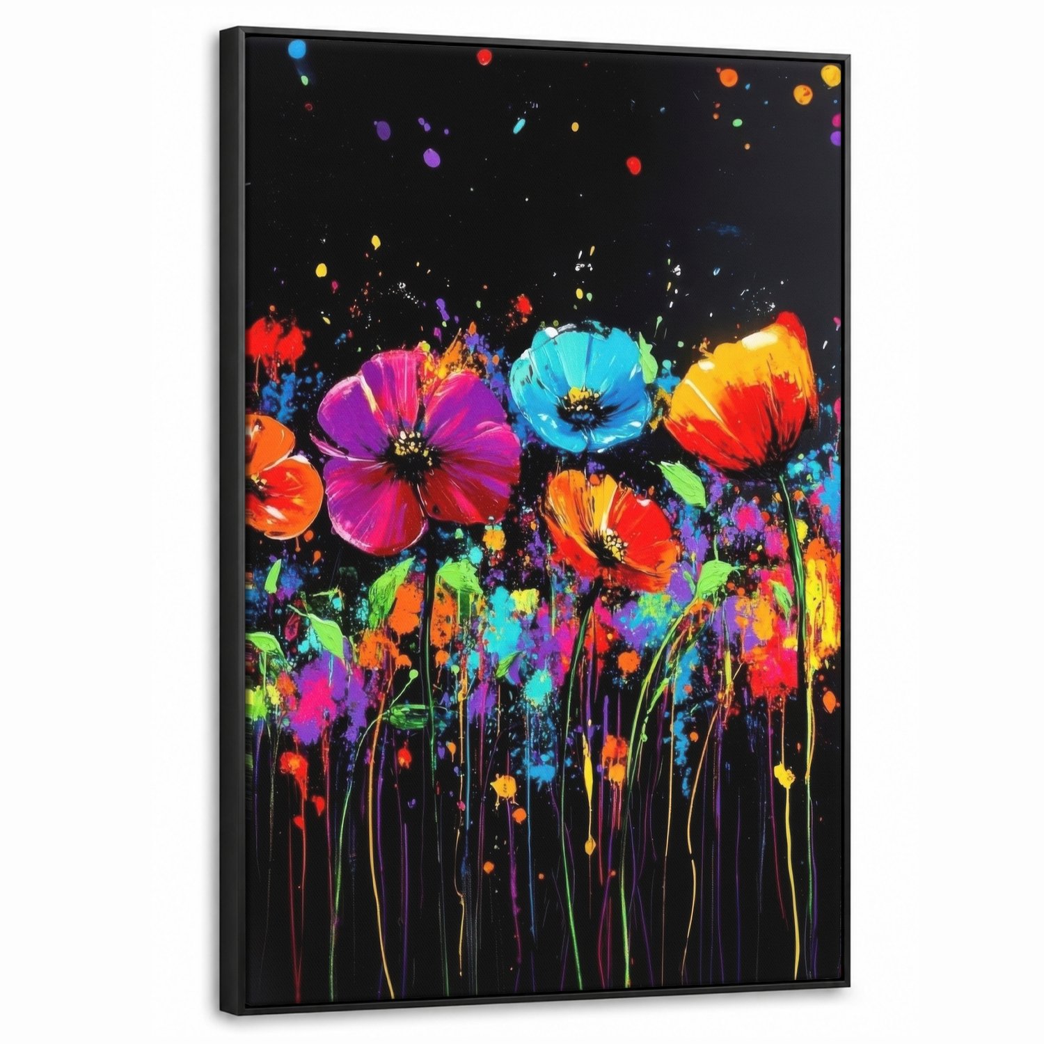 Canvas Schilderij met Baklijst 60x90cm - Bloemen - Kleurrijk - Spetters - Muurdecoratie woonkamer - Slaapkamer decoratie - Kamer accessoires - Schilderijen op canvas met lijst