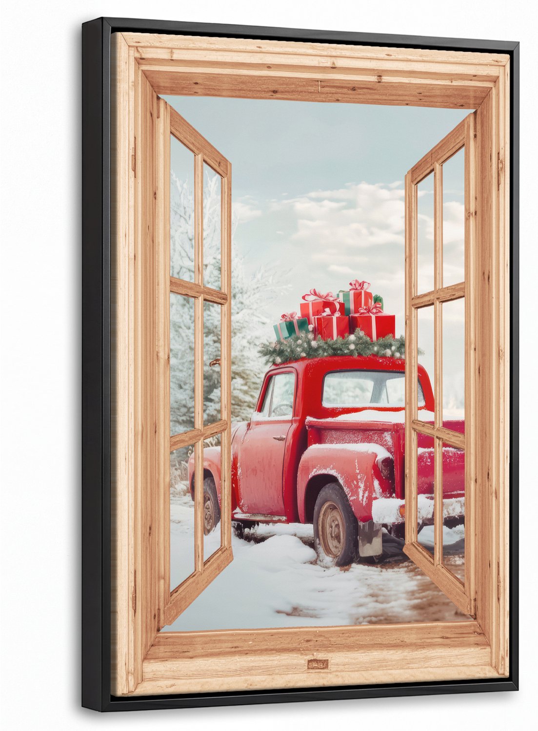 Canvas Schilderij met Baklijst 20x30cm - Doorkijk - Auto - Kerst - Cadeaus - Winter - Landschap - Muurdecoratie woonkamer - Slaapkamer decoratie - Kamer accessoires - Schilderijen op canvas met lijst