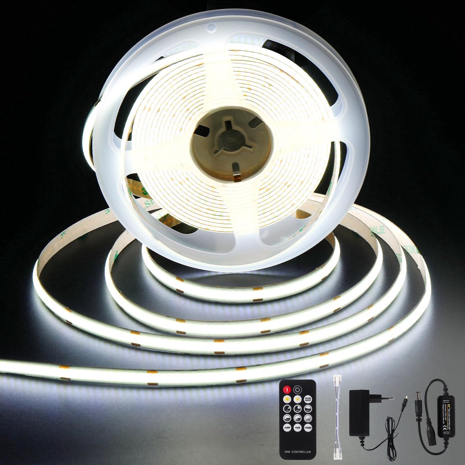 ANTENLICHT Dimbare COB LED Strip 3M - 6000K Koud Wit - 24V Transformatieset - Dimbare met RF Afstandsbediening -Zelfklevende 3M Plakstrip - Inkortbaar & Veilig voor Keuken & Kastverlichting