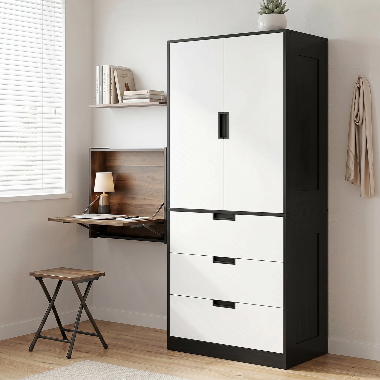 TEKROA Kledingkasten - 2-deurs kledingkast - moderne garderobekast - met 3 lades en kledingroede voor de slaapkamer - zwart wit
