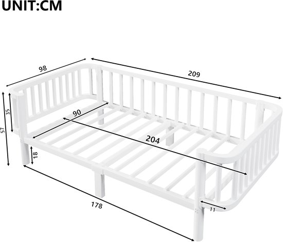 Wit metalen dagbedframe met technische maataanduidingen in centimeters (UNIT:CM).