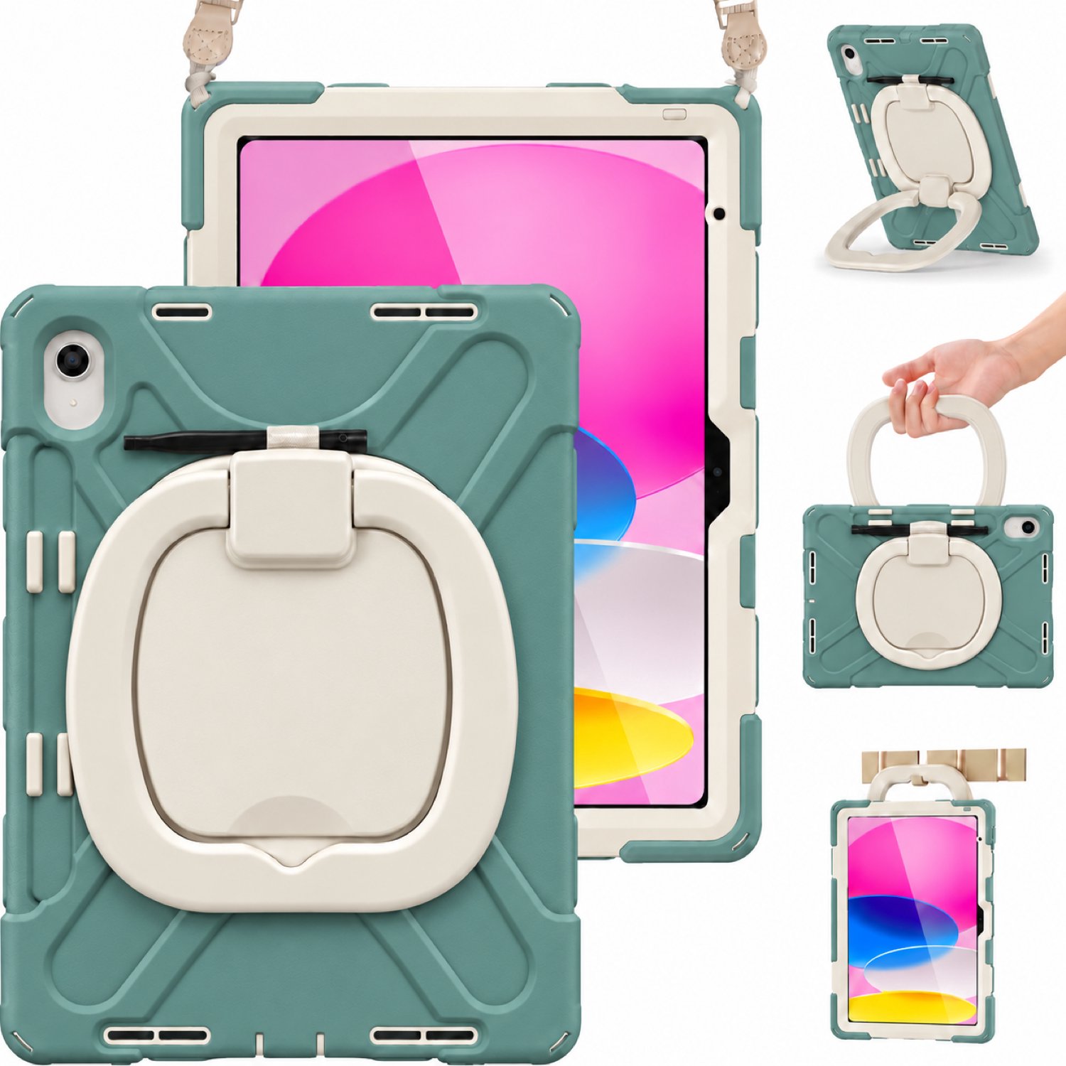 SoSounix Tablet Hoes Geschikt voor Apple iPad 11 (2025) A16 / Apple iPad 10.9 (2022) – Draaibare Handgreep Standaard Schouderriem - Groen